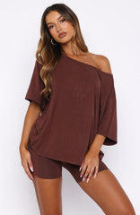 Slow Life Off Shoulder Oversized Pyjama Tee Chocolate